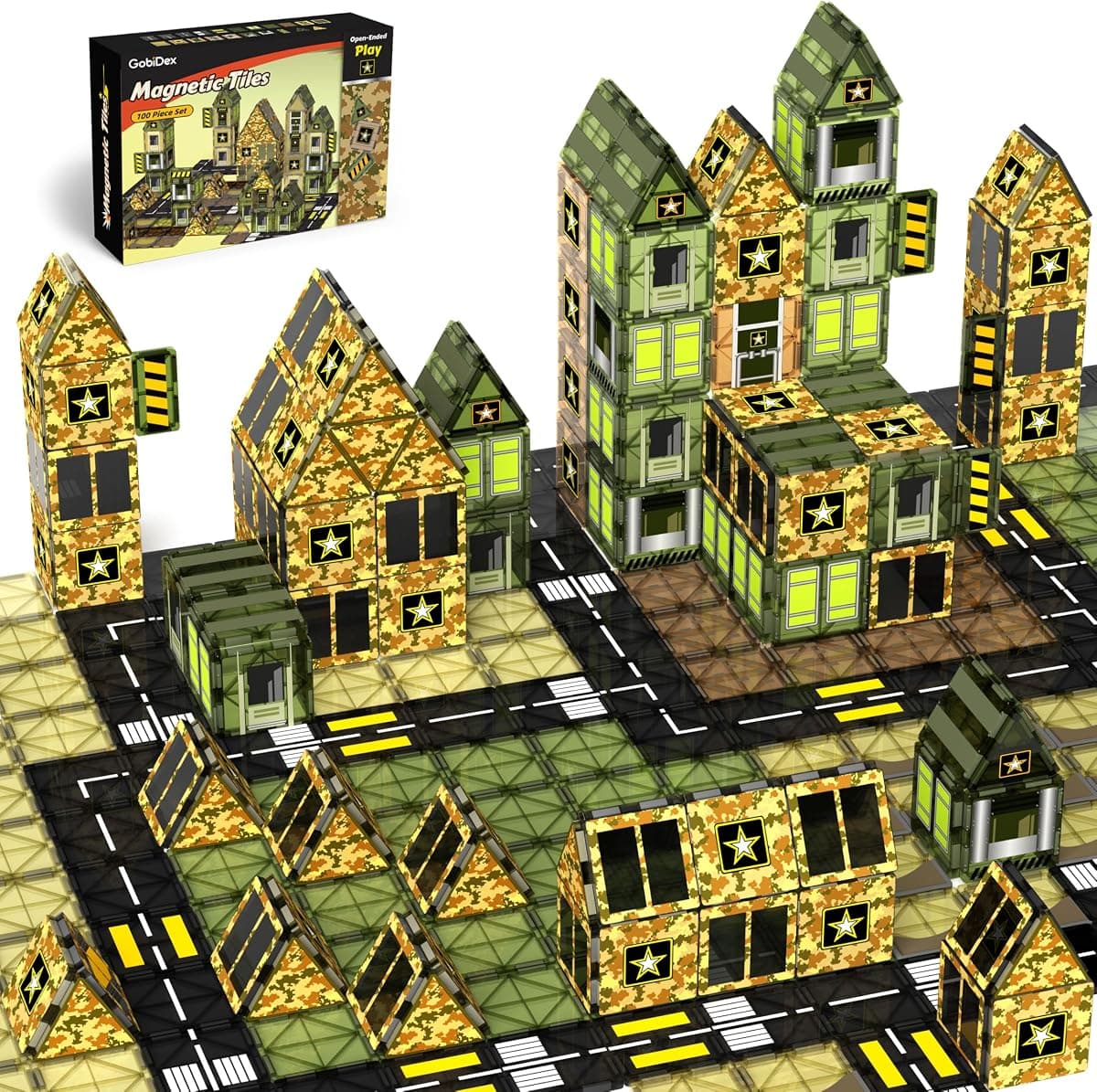 GobiDex 100PCS Army Magnetic Tiles for Toddler, STEM Construction Building Blocks for Kids Military Toys Games, Upgraded Educational Birthday Gifts Toys for 3+ Year Old Boys Girls, Classroom Must Have