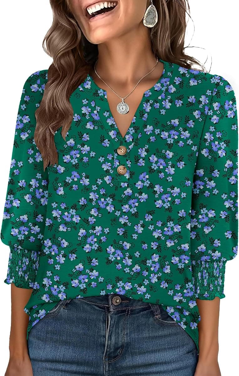 ANRABESS Women's 3/4 Sleeve Henley Blouse, Soft V Neck Top for Dressy Casual, Work & Business Office Wear