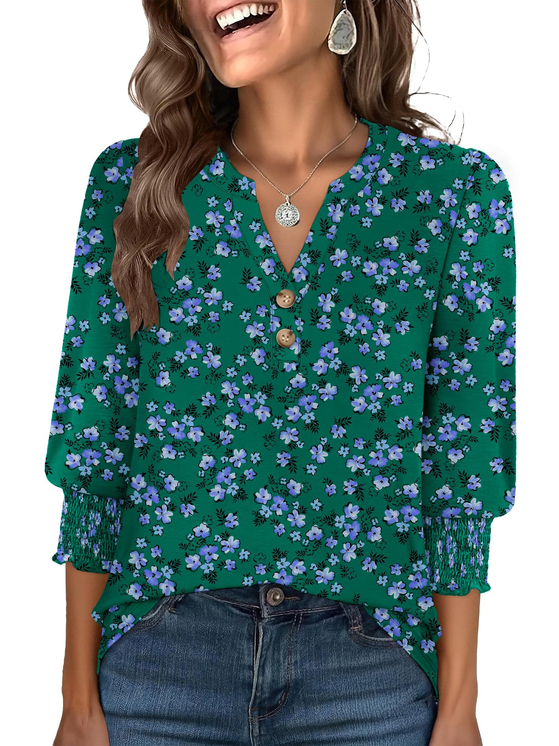ANRABESS Women's 3/4 Sleeve Henley Blouse, Soft V Neck Top for Dressy Casual, Work & Business Office Wear