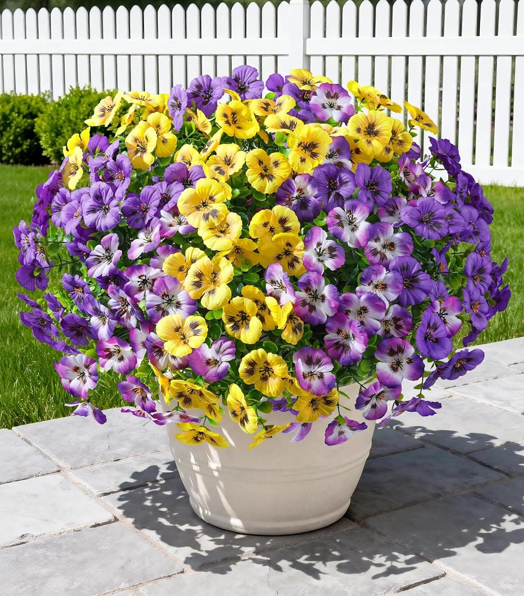 Ivydale 20PCS Artificial Fake Pansy Flowers for Outdoors Spring Summer Decor,Faux Silk Pansies UV Resistant Plants for Front Door Porch Yard Patio Window Box Home Decor(Purple Yellow Gradient Purple)