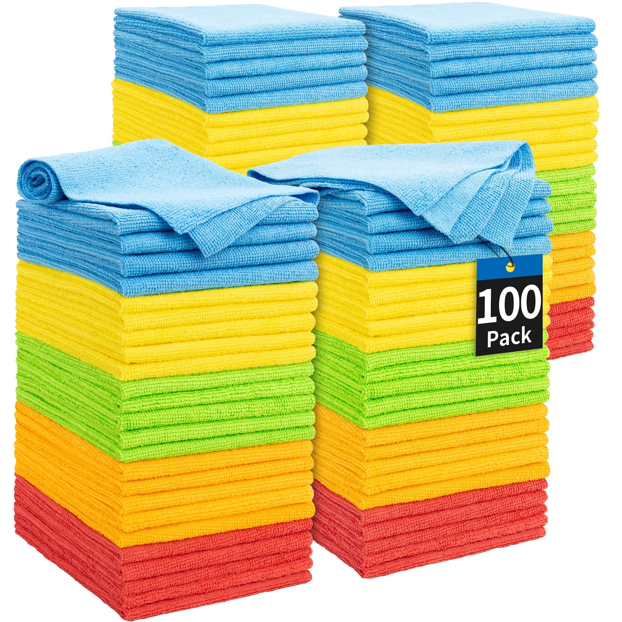 Microfiber Cleaning Cloth, 100 Pack Cleaning Rags Microfiber Towel Bulk Absorbent Lint-Free Wash Cloths, All-Purpose Shop Towels for Cars, Automotive, Garage, Home & Kitchen 11.5"*11.5"