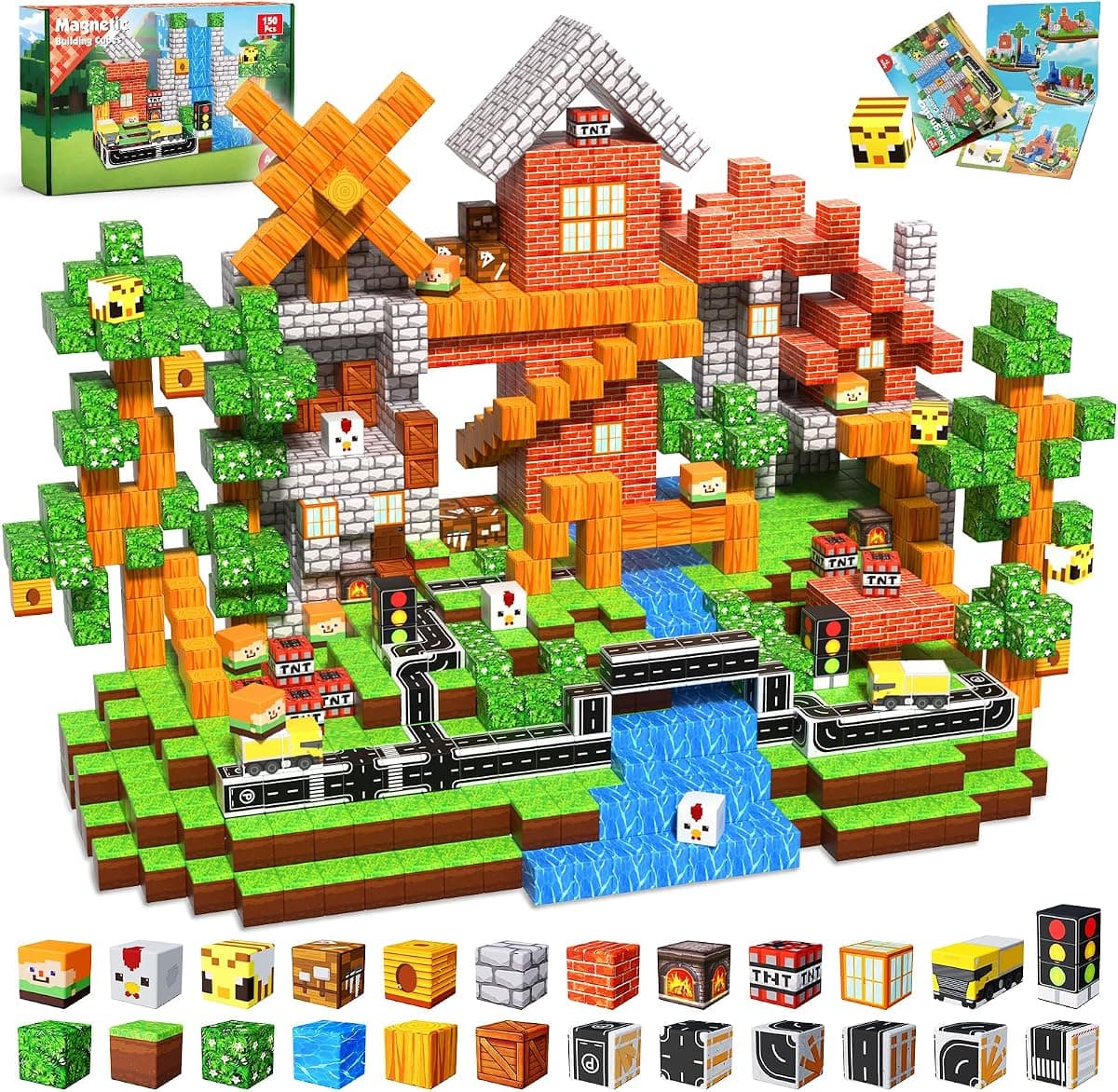 Magneverse 150 PCS Magnetic Blocks - Forest Village Building Block for Kids Ages 4-8, Magnetic Cubes for Boys Girls, STEM Educational Stacking Magnet Toy for 3 4 5 6 7 8 9 10 11 12 Birthday Gifts