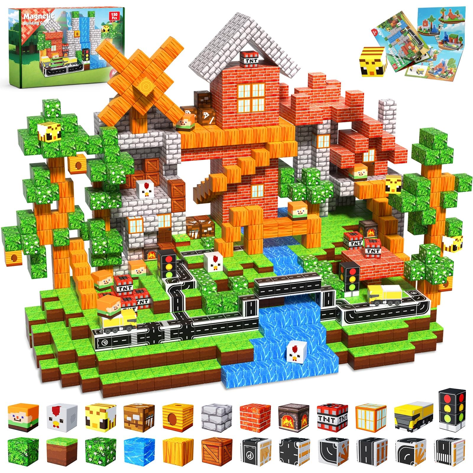 Magneverse 150 PCS Magnetic Blocks - Forest Village Building Block for Kids Ages 4-8, Magnetic Cubes for Boys Girls, STEM Educational Stacking Magnet Toy for 3 4 5 6 7 8 9 10 11 12 Birthday Gifts