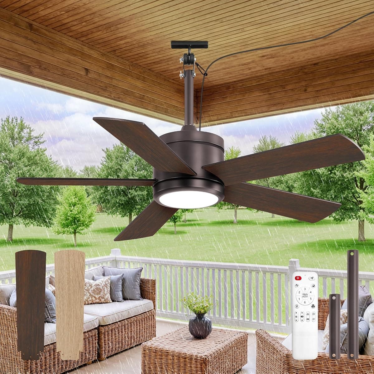 Fanbulous 42" Outdoor Ceiling Fan with Light and Remote, IP65 Waterproof, Plug-in Design with 10FT Cord, 6-Speeds, 3CCT, Hook Hanging Fan for Gazebo Patio Porch Garage Canopy(Oil Bronze)