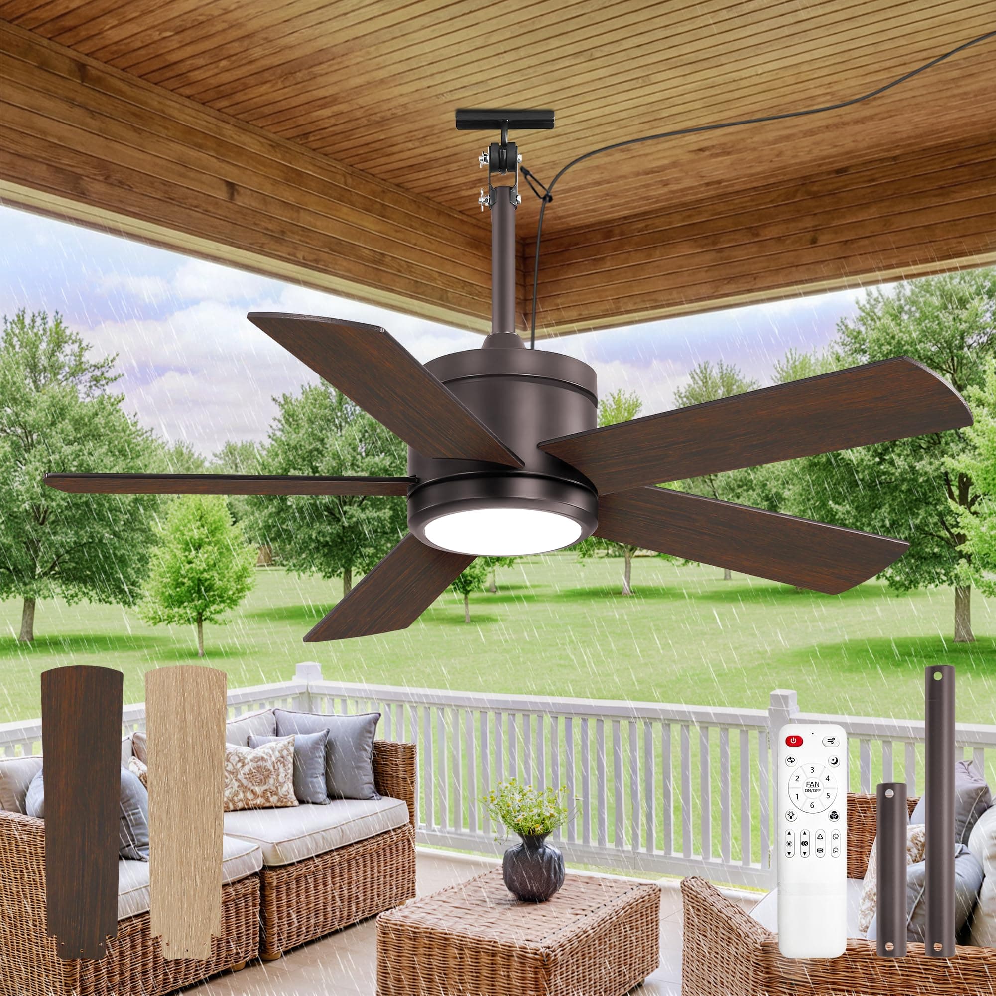 Fanbulous 42" Outdoor Ceiling Fan with Light and Remote, IP65 Waterproof, Plug-in Design with 10FT Cord, 6-Speeds, 3CCT, Hook Hanging Fan for Gazebo Patio Porch Garage Canopy(Oil Bronze)