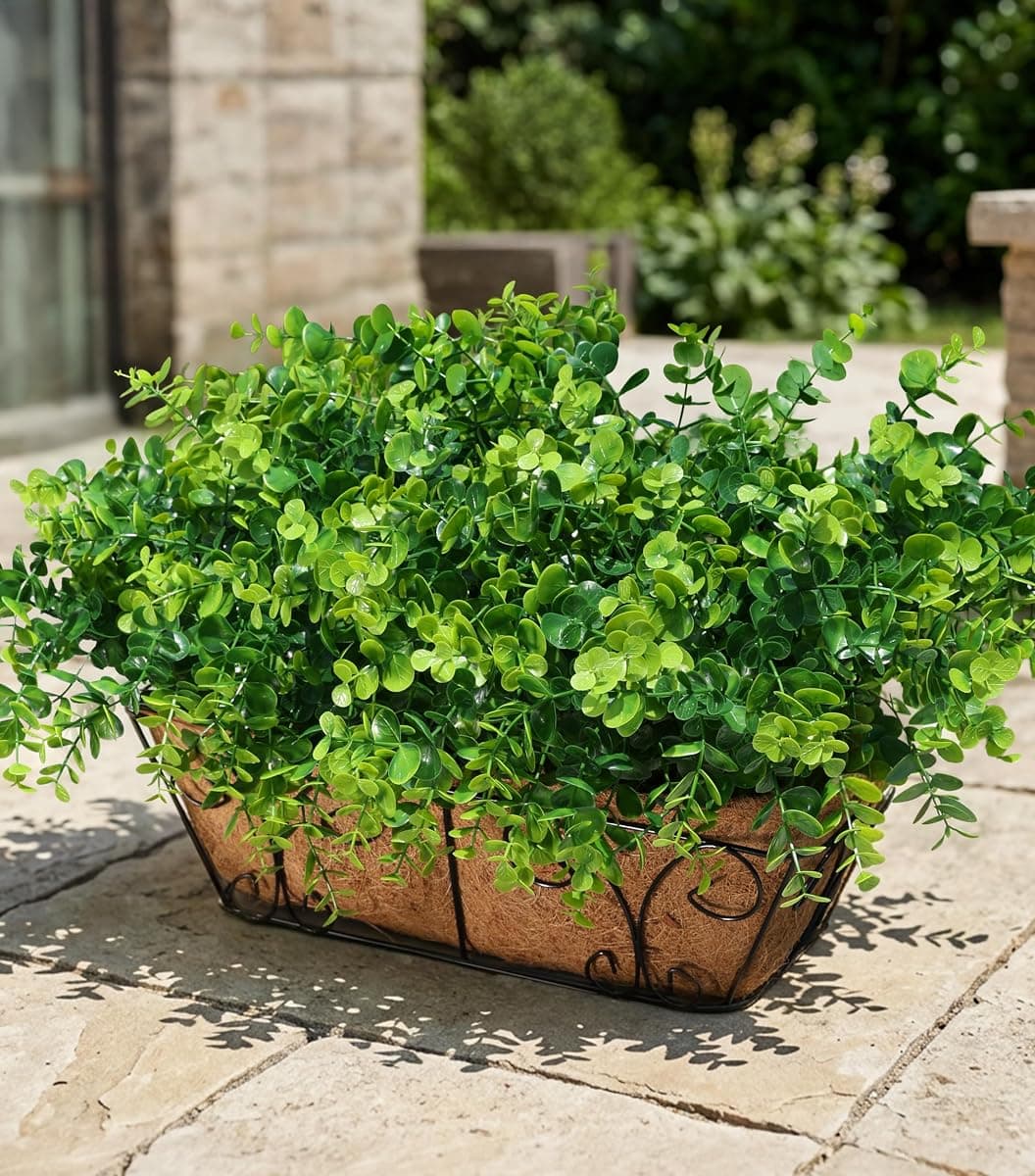 Artificial Faux Outdoor Plants for Spring Summer Decoration, 12 Bundles Fake Plastic Eucalyptus UV Resistant Look Real Fake Plants for Planter Outside Front Door Porch Patio Balcony Garden Indoor Yard