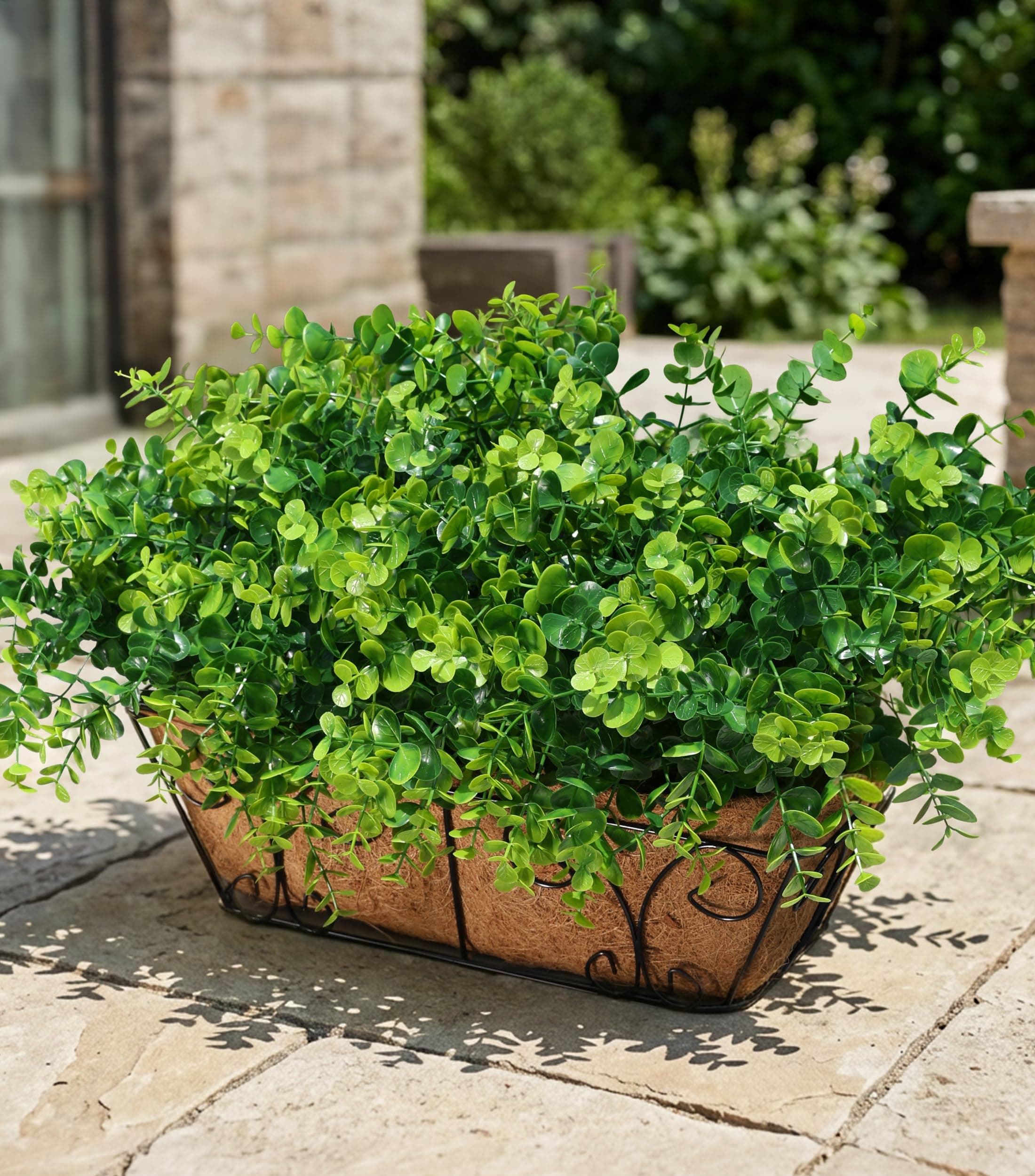 Artificial Faux Outdoor Plants for Spring Summer Decoration, 12 Bundles Fake Plastic Eucalyptus UV Resistant Look Real Fake Plants for Planter Outside Front Door Porch Patio Balcony Garden Indoor Yard
