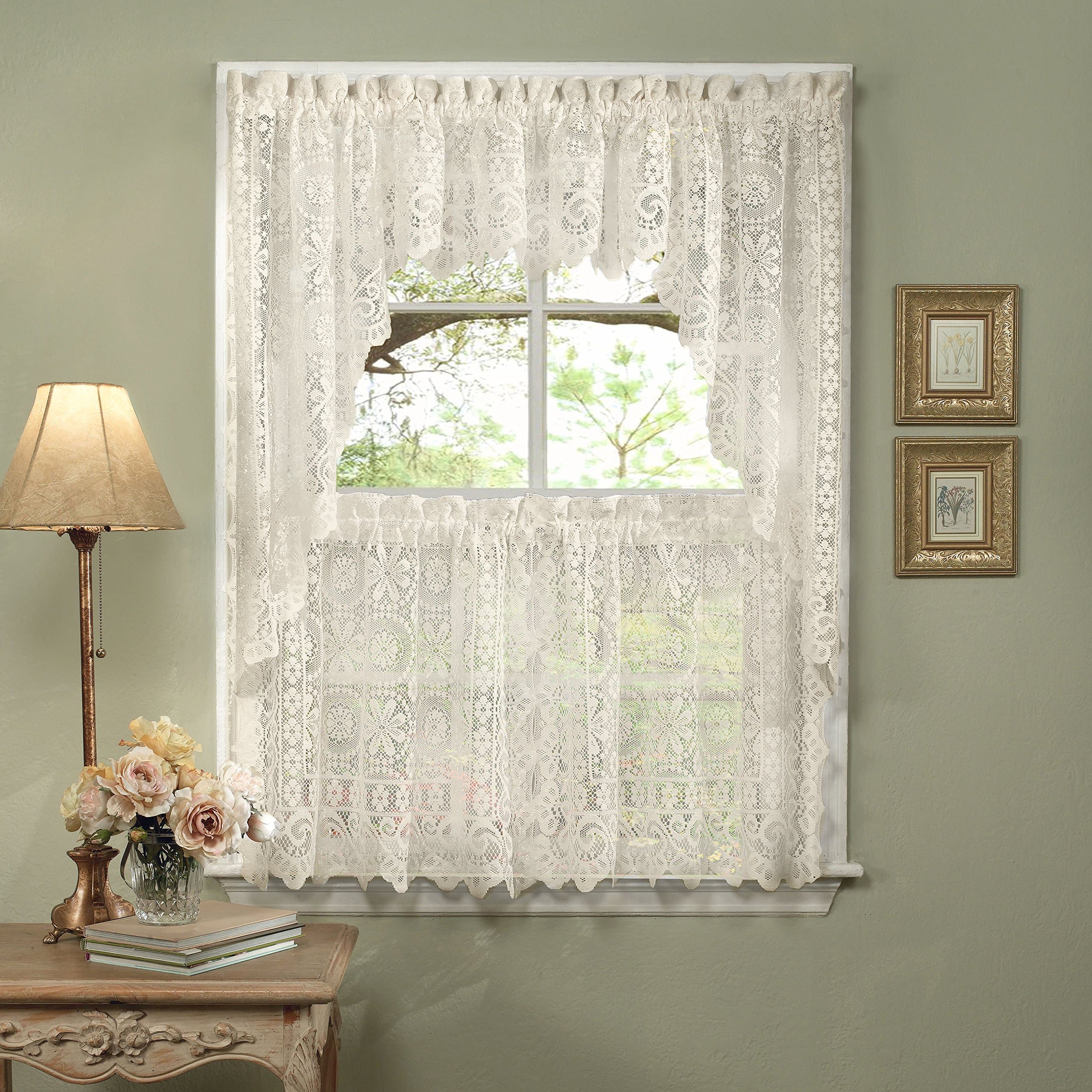 Sweet Home Collection Old World Style Floral Heavy Lace Kitchen Curtain Swag pair Hopewell Cream