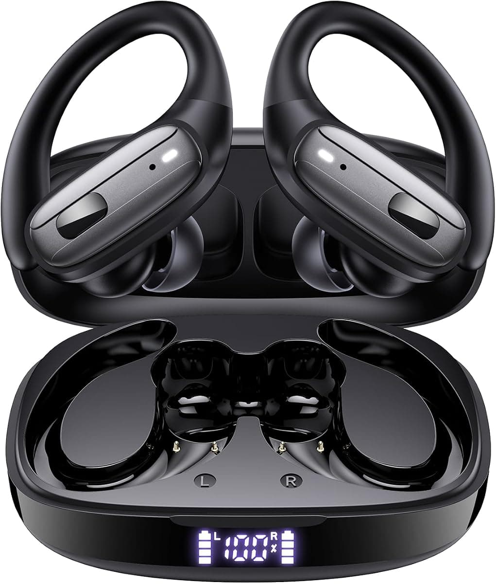 LEEMC Wireless Earbuds, Bluetooth Headphones 5.4, 80Hr Playtime Ear Buds with Hooks for Sports, Noise Canceling, LED Display, IPX7 Waterproof Earphones for Workout Running, Onyx