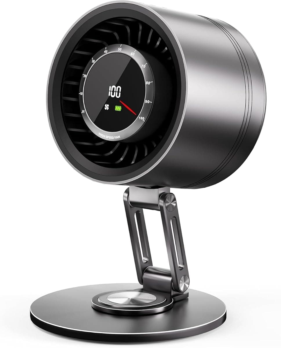 Titanium Alloy USB Desk Fan, Foldable 3D Airflow Desk Air Circulator, 23dB Quiet BLDC Motor, 5000mAh Battery (8H Runtime), 10 Speeds with LED Display for Home, Office & Outdoor - Gray