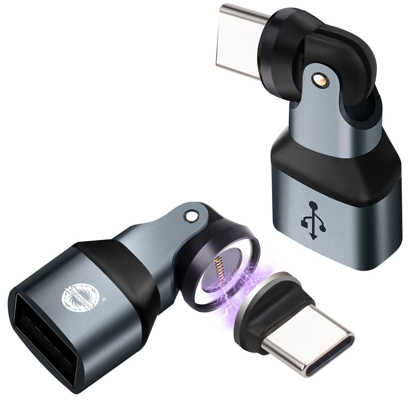 Magnetic USB A to Type-C/USB-C Adapter, 240W PD Fast Charging, 480Mbps Data Transfer, 540°Rotating Swivel Connector with LED Tips Port Protection 9-Pin
