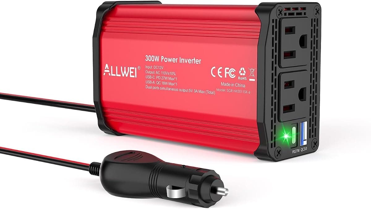 ALLWEI 300W Power Inverter 12V DC to 110V AC Car Inverter with 27W PD USB-C &18W USB-A Fast Charging, Car Charger Cigarette Lighter Adapter for Phone, Laptop and Small Devices on Road Trip-Red