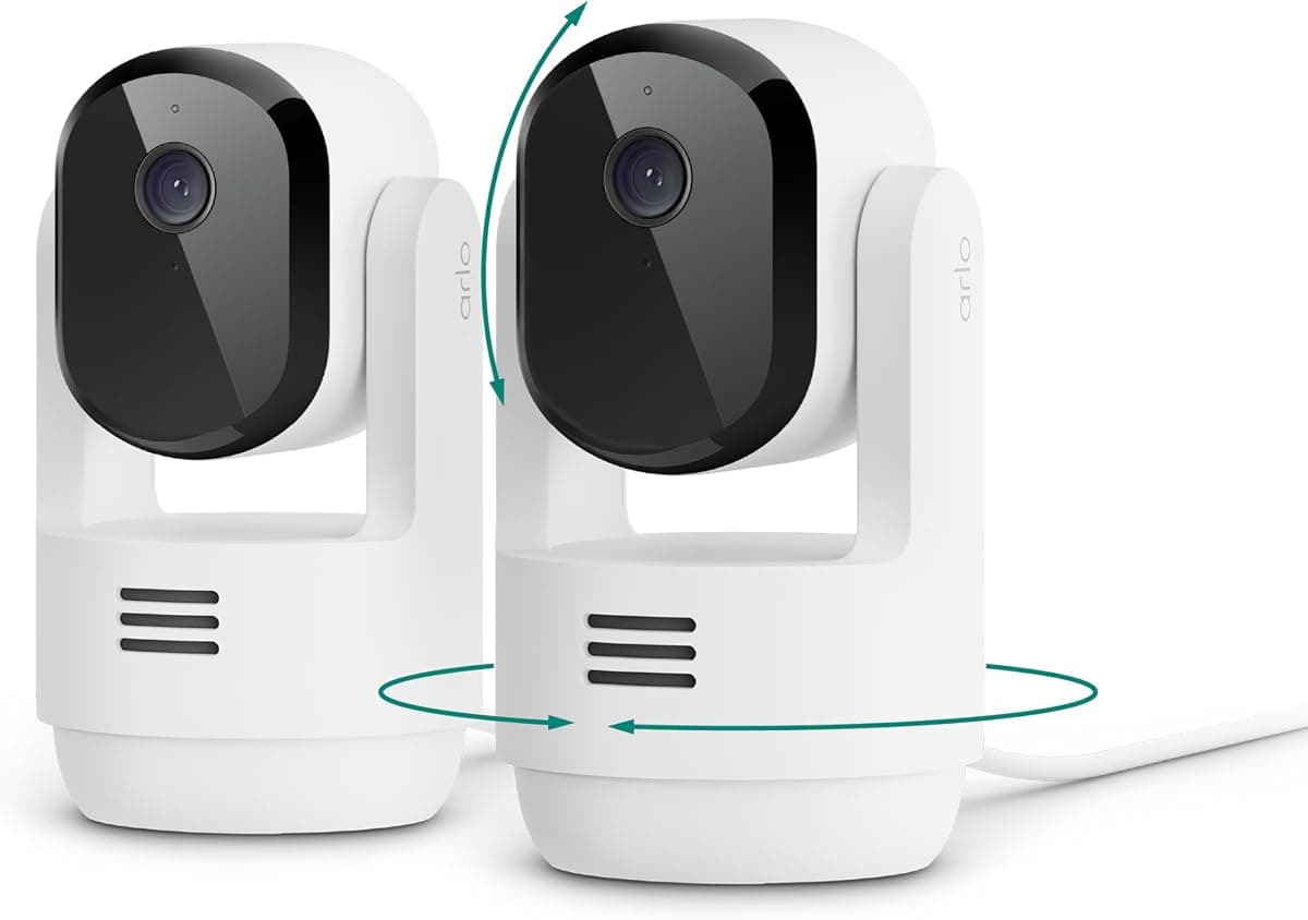 Arlo Essential Indoor Pan Tilt Security Camera 2K (2025 Release) - Wired Plug-in Power, Person Recognition, Animal Detection, Animated Preview, 1-Month Secure Plan, Auto Motion Tracking, 2 Cam, White