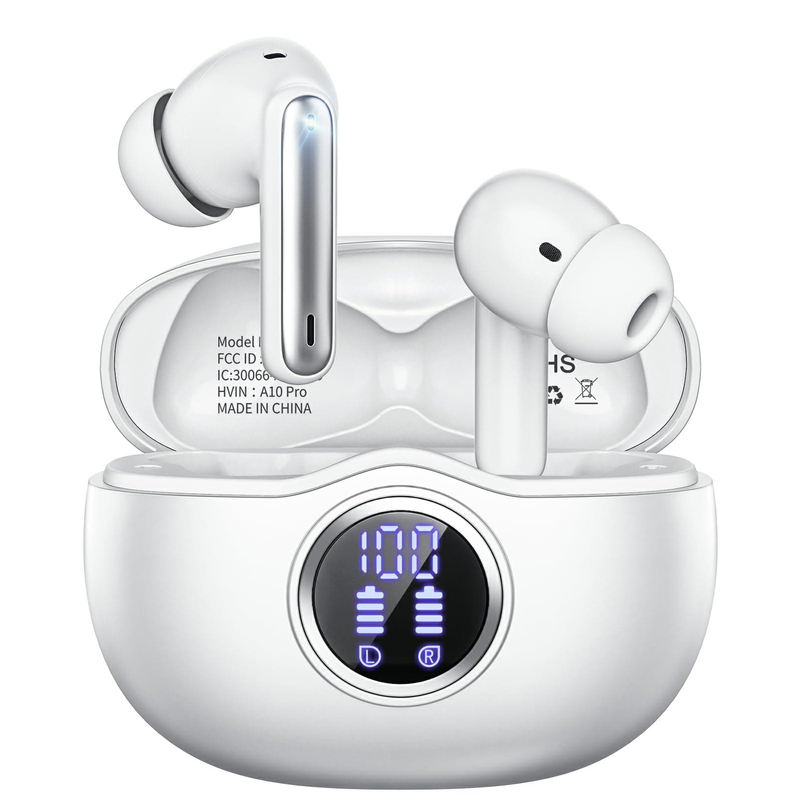 Wireless Earbuds, Bluetooth 5.3 Headphones HiFi Stereo 50H Playback LED Digital Display Ear Buds with ENC Noise Canceling Headset, IPX7 Waterproof Earphones for Gym/Running/Work (White)