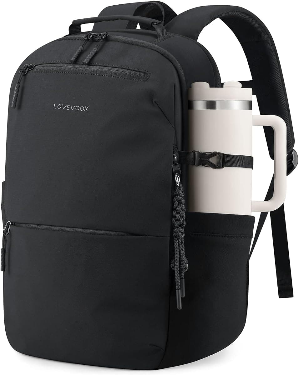 LOVEVOOK Laptop Backpack for Women Men with Giant Tumbler Holder - 15.6Inch Work Computer Travel Backpack with Laptop Compartment, Water Resistant, Cute Commuter College Teacher Nurse Purse Bag,Black