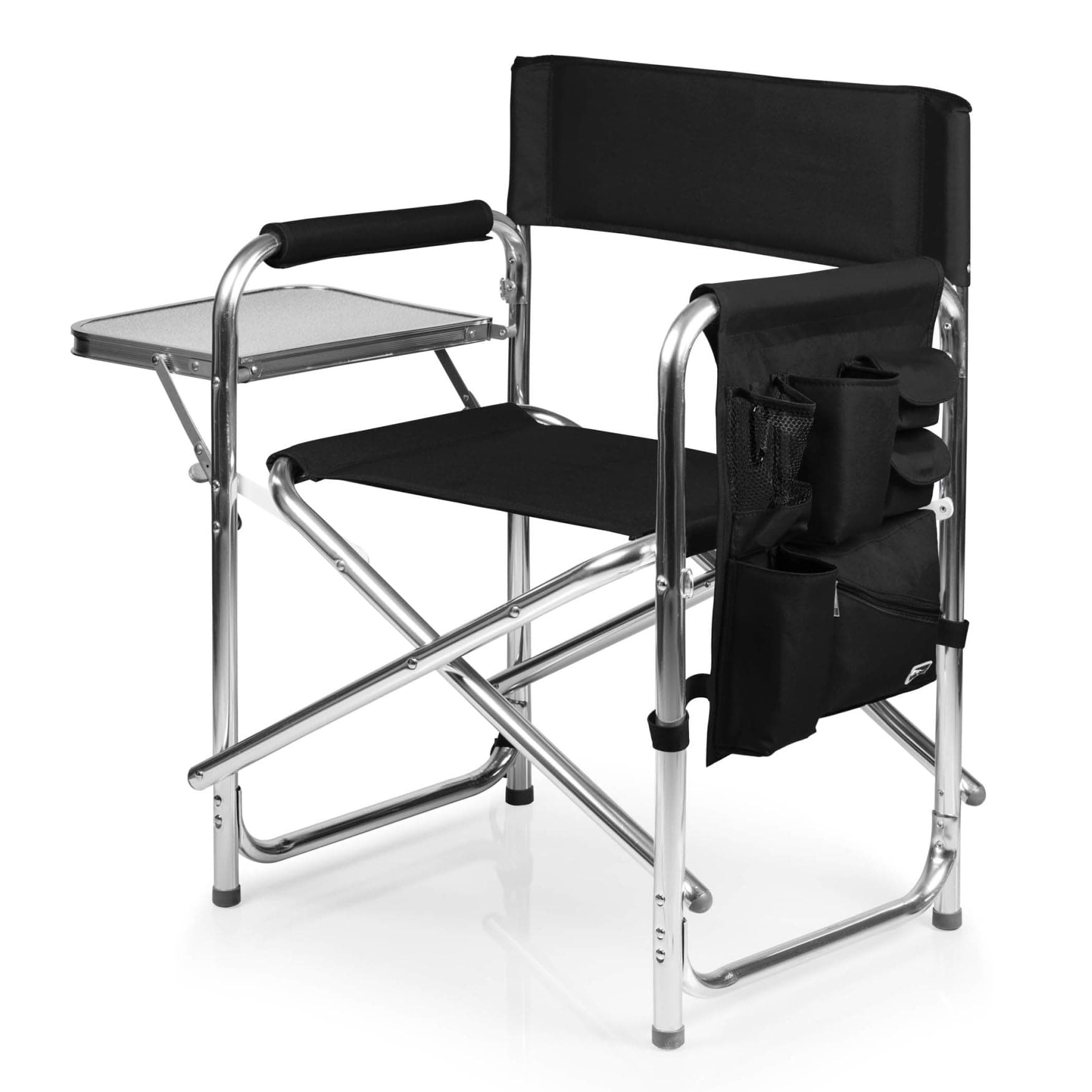 PICNIC TIME Sports Chair with Side Table and Armrest Caddy, Lightweight Aluminum Folding Outdoor Camping Chair for Adults, Portable Director Style Lawn Seating with Pockets & Carry Strap, (Black)