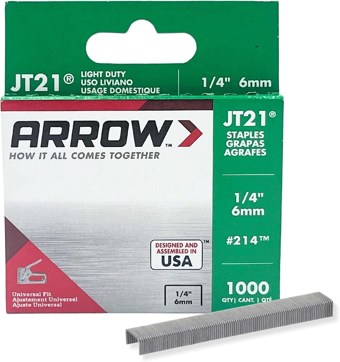 Arrow 214 JT21 Thin Wire Staples for Staple Guns and Staplers, Use for Upholstery, Crafts, General Repairs, 1/4-Inch Leg Length, 7/16-Inch Crown Width, 1000-Pack, Grey