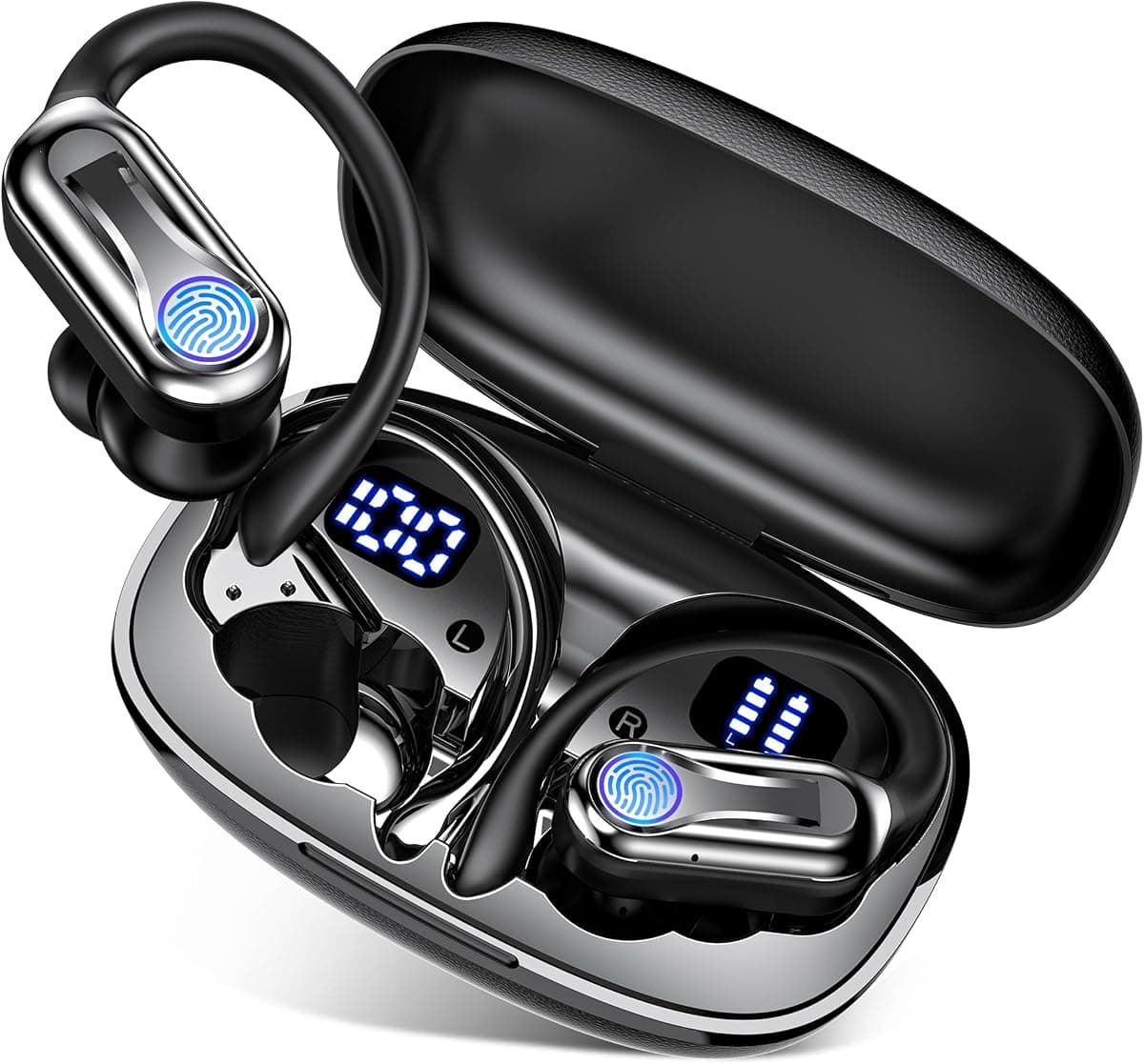 Wireless Earbuds, Sports Bluetooth Headphones 6.1, 90H Playtime Ear Buds with Hooks, Noise Canceling, LED Power Display, IPX7 Waterproof Earphones for Workout Running(Black)