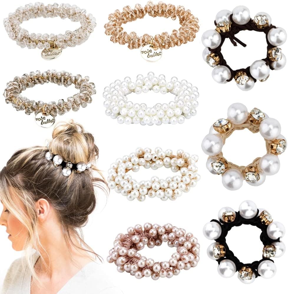 Ahoney 9Pcs Pearl Hair Ties Elastic Hair Scrunchies Hold Crystal Beads Bulk Hair Ropes Stretchy Handmade Boho Bride Bachelorette Party Hair Accessories for Women Girls (Pearl&Crystal)