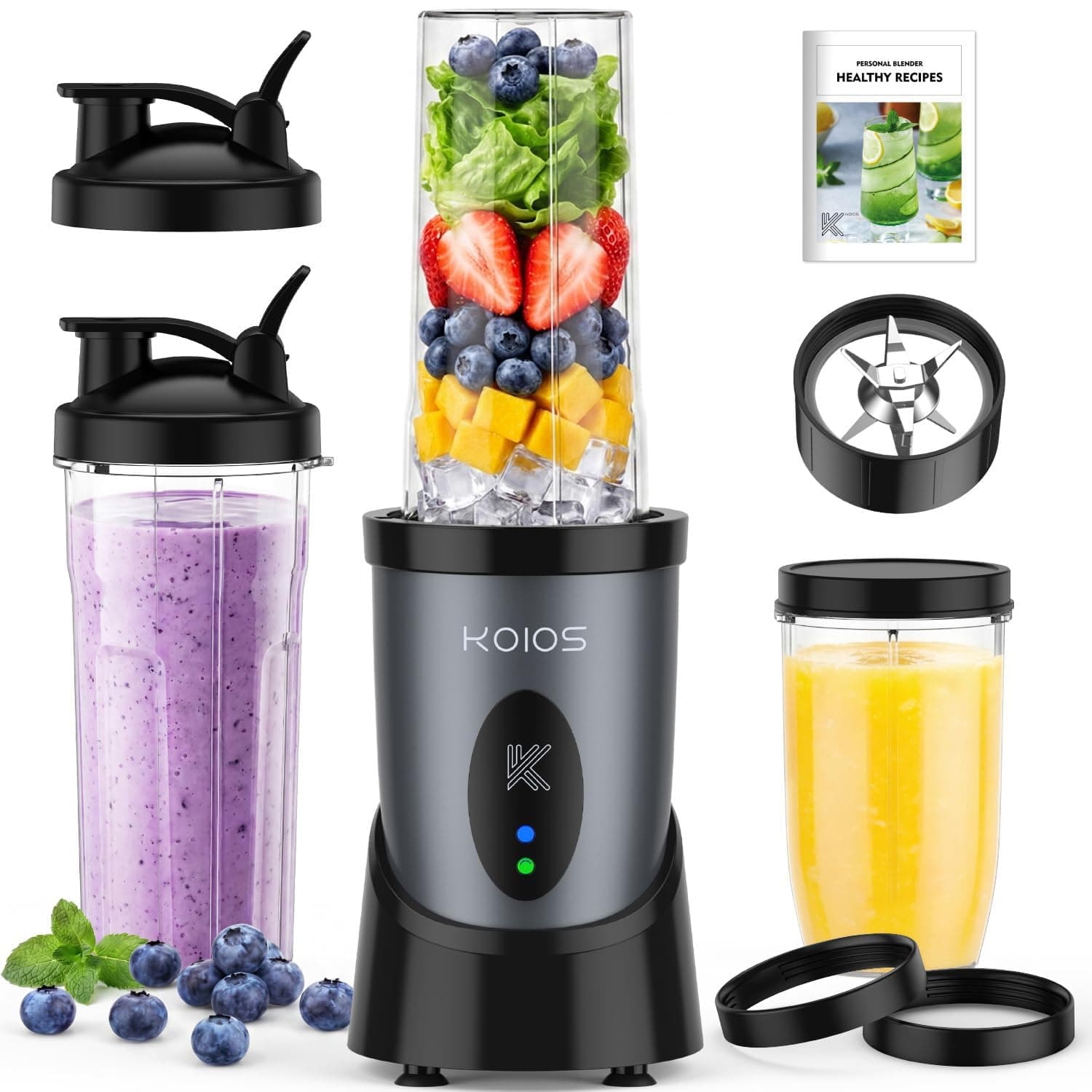 KOIOS Smoothie Blender for Kitchen, 900W Personal Blender for Smoothies Shakes 14pcs with 3 Portable Cups 23oz + 17oz, Single Serve Smoothies Maker Mixer for Juices Frozen Drinks, Grey Blue