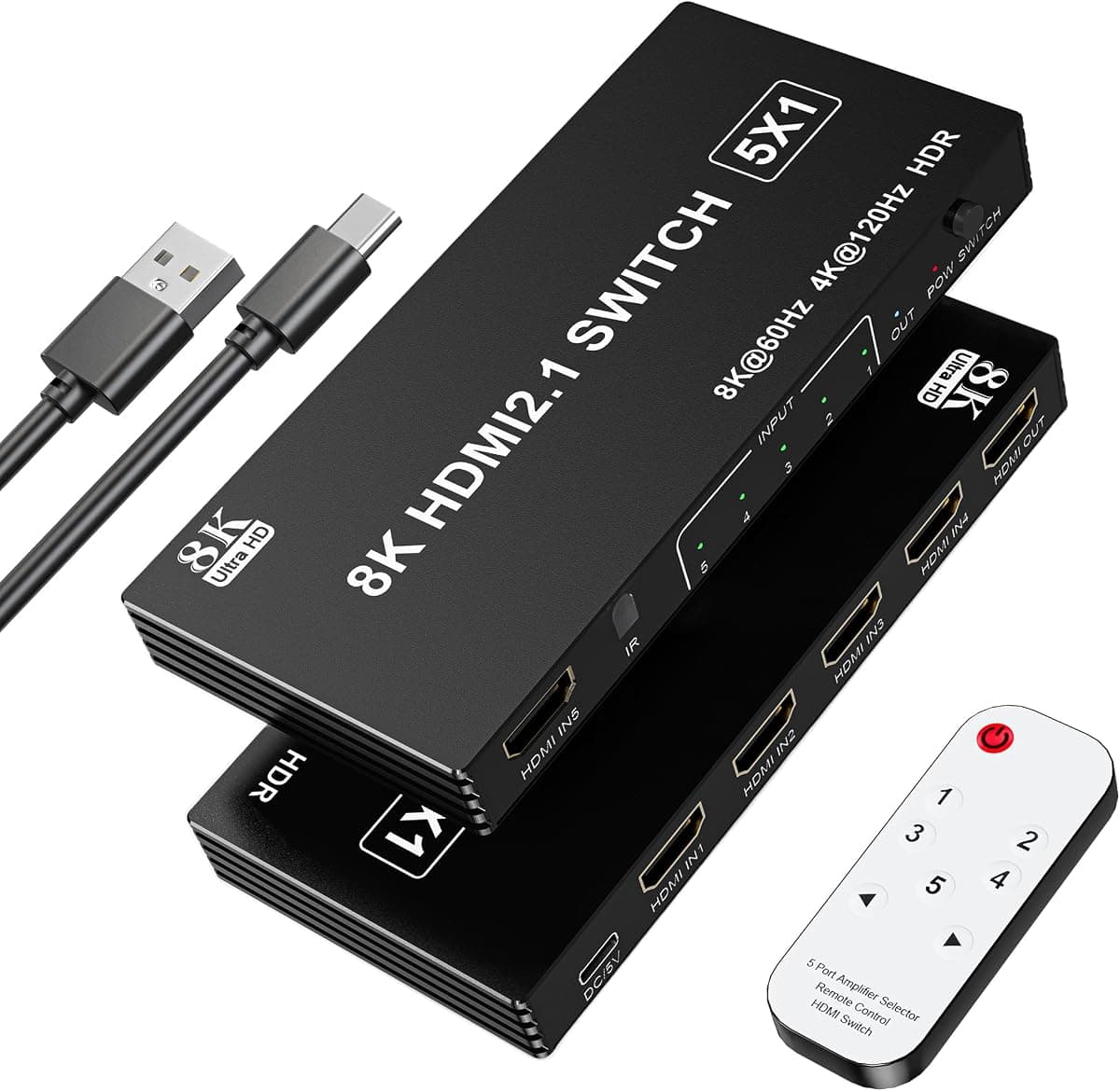 8K@60Hz HDMI 2.1 Switch 5 in 1, 4K@120Hz HDMI Switcher Selector with Remote, HDMI Splitter Support 48Gbps HDR 10+ Dolby Vision/Atmos HDCP 2.3 CEC for PS5 4 Xbox TV Game PC Roku
