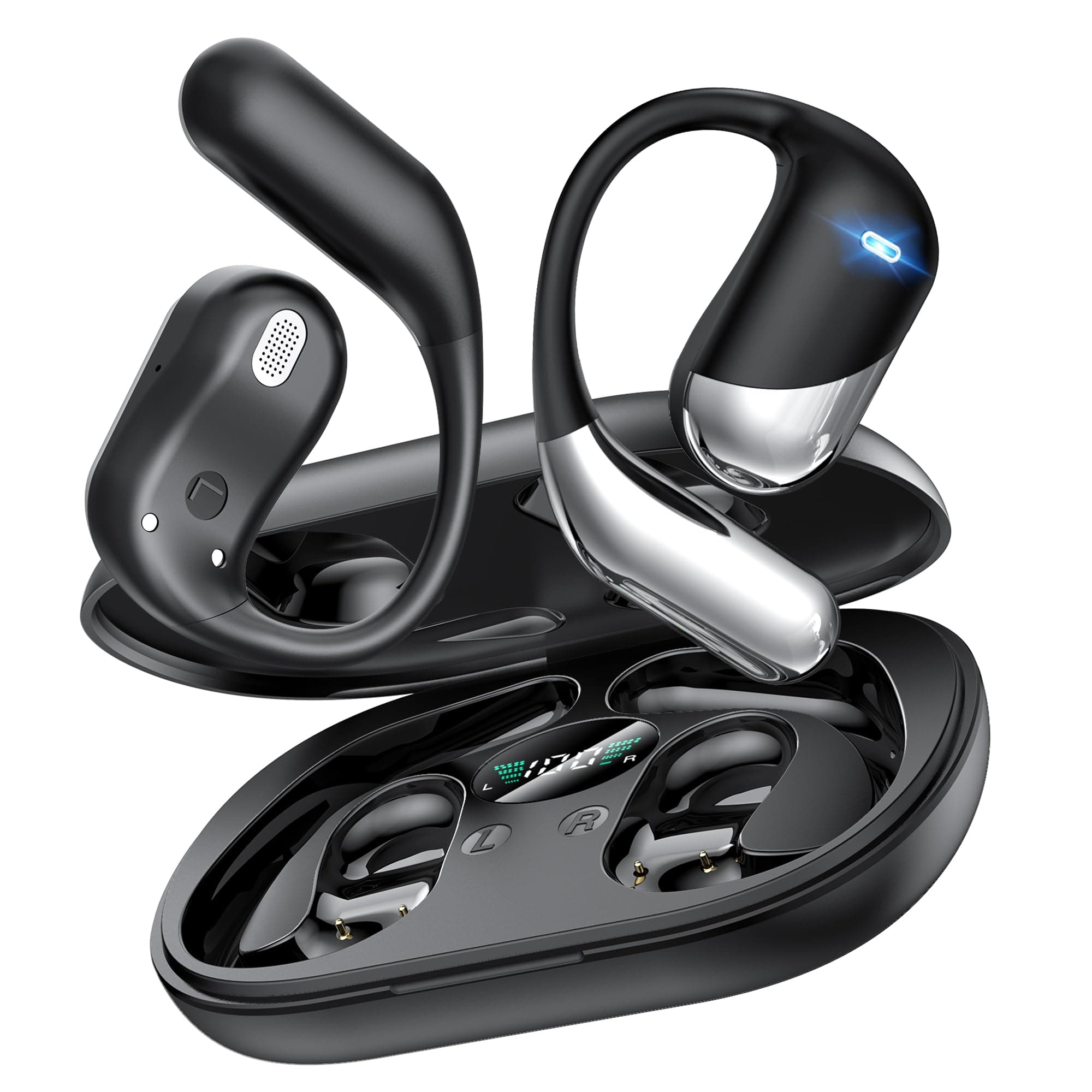 Ultra Open Ear Headphones,Over Ear Bone Conduction Earbuds with Ergonomic Earhook,Bluetooth Headphones 6.1 with Digital Display,60H Playtime,IP55 Waterproof, Comfort for Cycling,Running,Workout