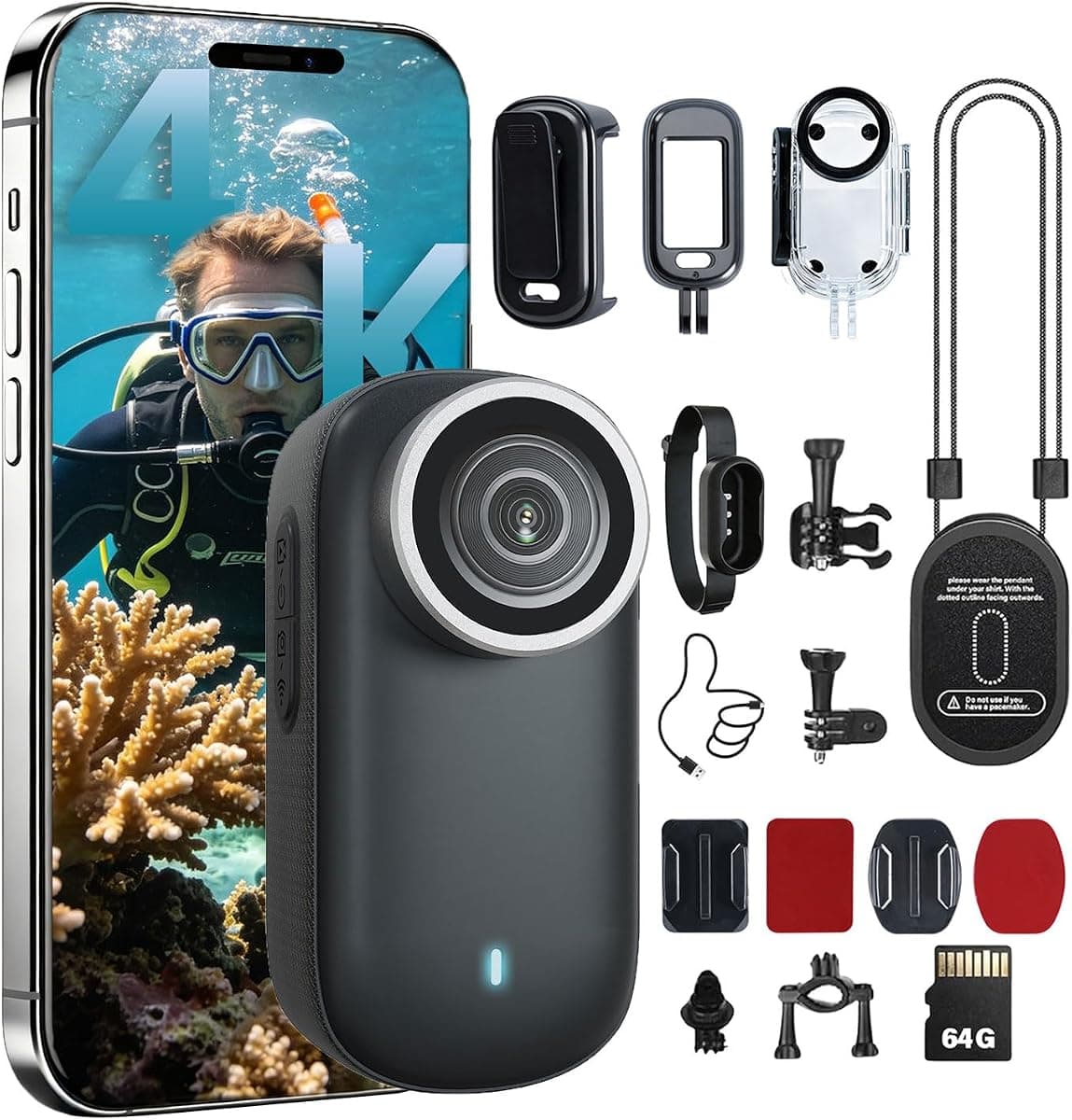 4K Mini Body Camera,64G Wearable Camera with 360°Rotatable Clip & Magnetic Clip, Thumb Size, 96 Minutes for Recording, Easy to Use for Lecture, Traveling, Pet Walking and Outdoors(Black)