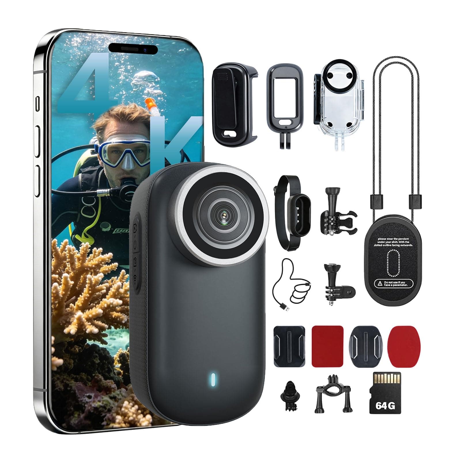 4K Mini Body Camera,64G Wearable Camera with 360°Rotatable Clip & Magnetic Clip, Thumb Size, 96 Minutes for Recording, Easy to Use for Lecture, Traveling, Pet Walking and Outdoors(Black)