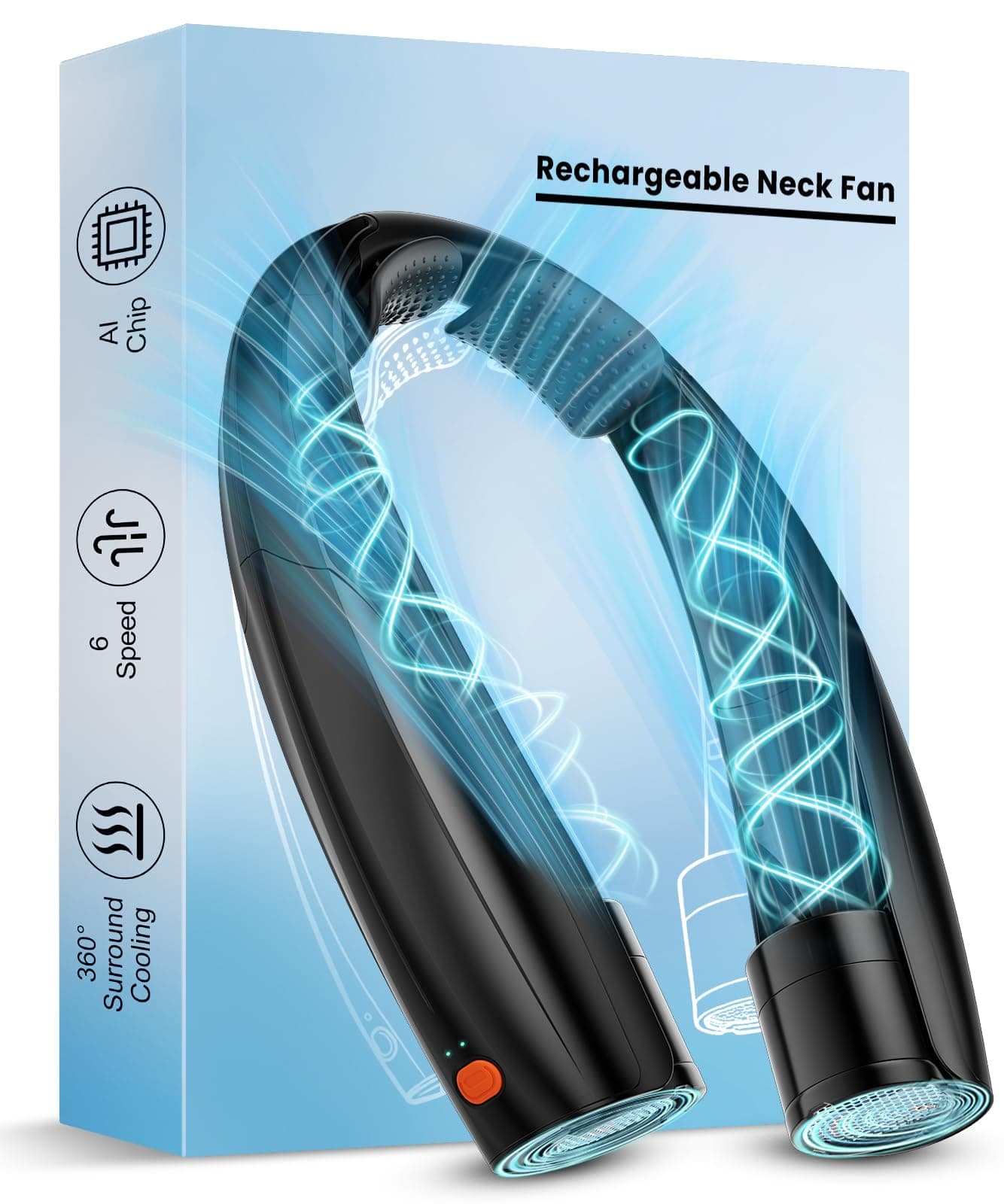 Portable Neck Fan, 6 Speeds Rechargeable Personal Fan with AI Chips, Hands-Free 360° Faster Cooling Wearable Fan, Ultra Quiet for Home, Office, Travel, Indoor, Outdoor - Black