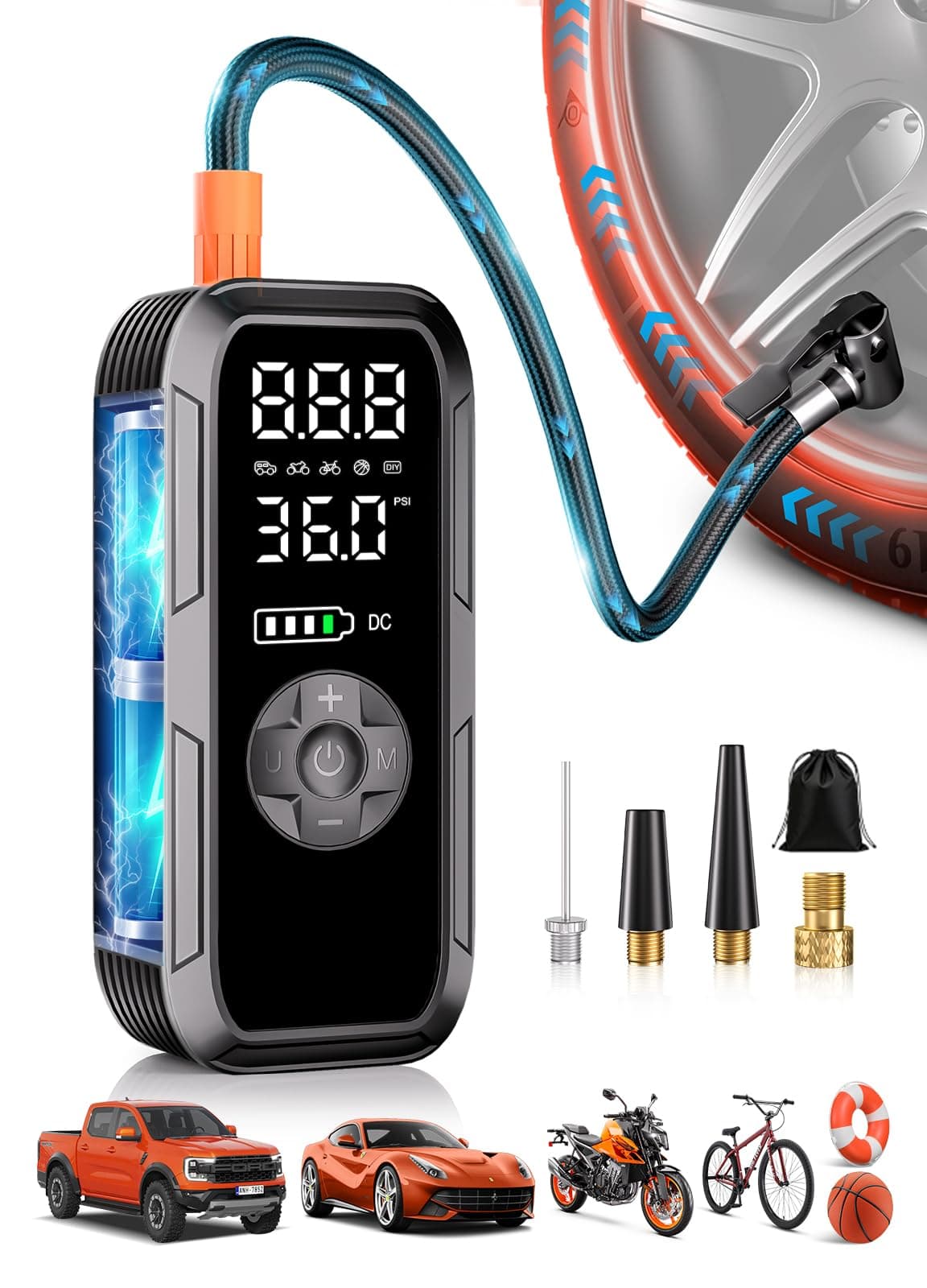 Y51 Tire Inflator Portable Air Compressor, 150 PSI Cordless Electric Air Pump for Car Tires, Auto Shut-Off/ 4500mAh/ 12V DC Car Plug/Accurate LCD Display & LED Light for Car, Motorcycle, Bike, Ball