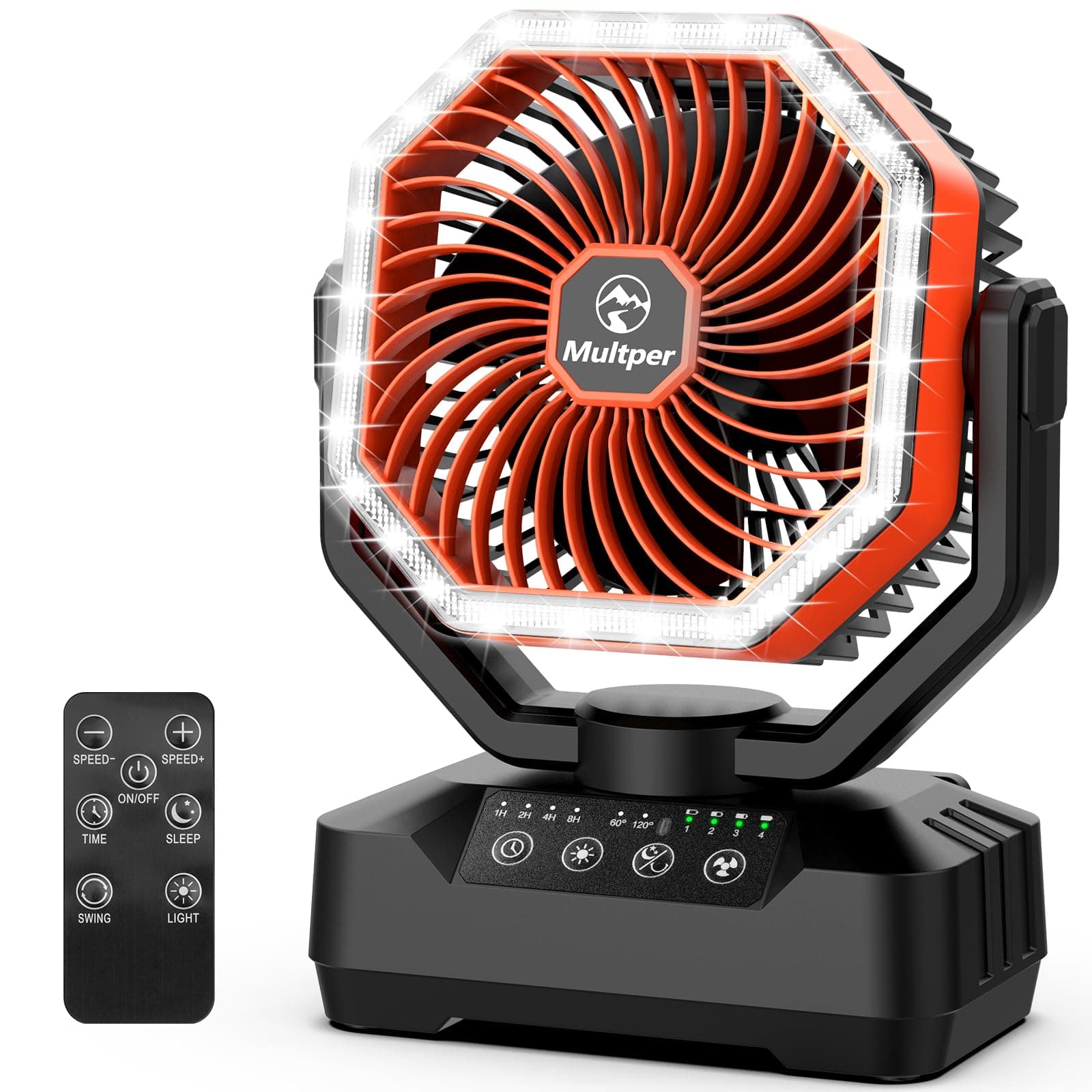 20000mAh Camping Fan, Up to 70H Runtime Rechargeable Battery Powered Fan with 120° Auto Oscillation, 4 Speeds & Timer Portable Fan with LED Lantern, Remote for Tent, Travel, BBQ, Fishing, Jobsite