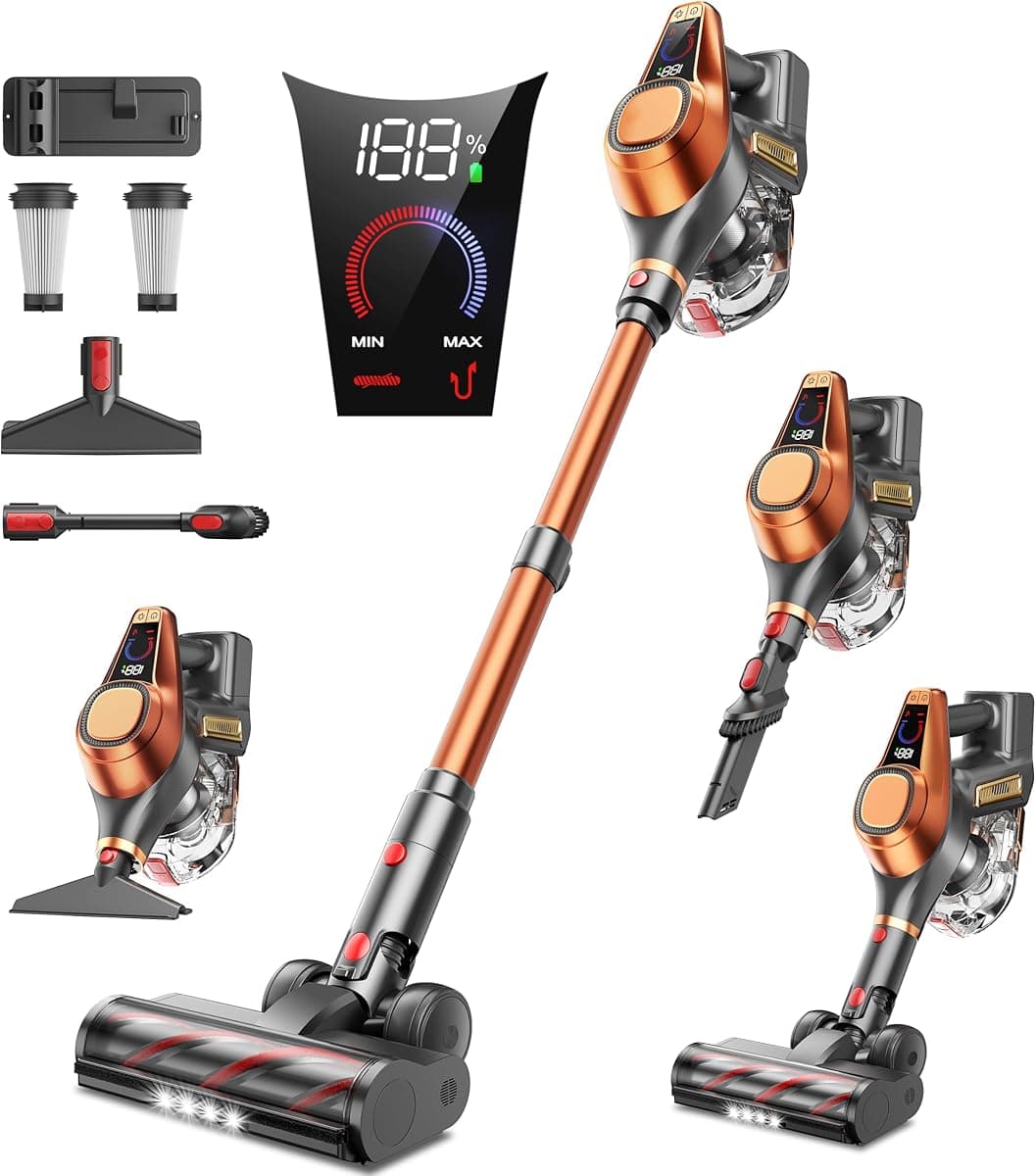 Fieety Cordless Vacuum Cleaner 650W 55KPA 70Mins Powerful Vacuum Cleaners for Home, 1.6L Dust Cup, LED Display, Anti-Tangle Self-Standing Stick Vacuum for Carpet/Hardwood Floor/Pet Hair/Car