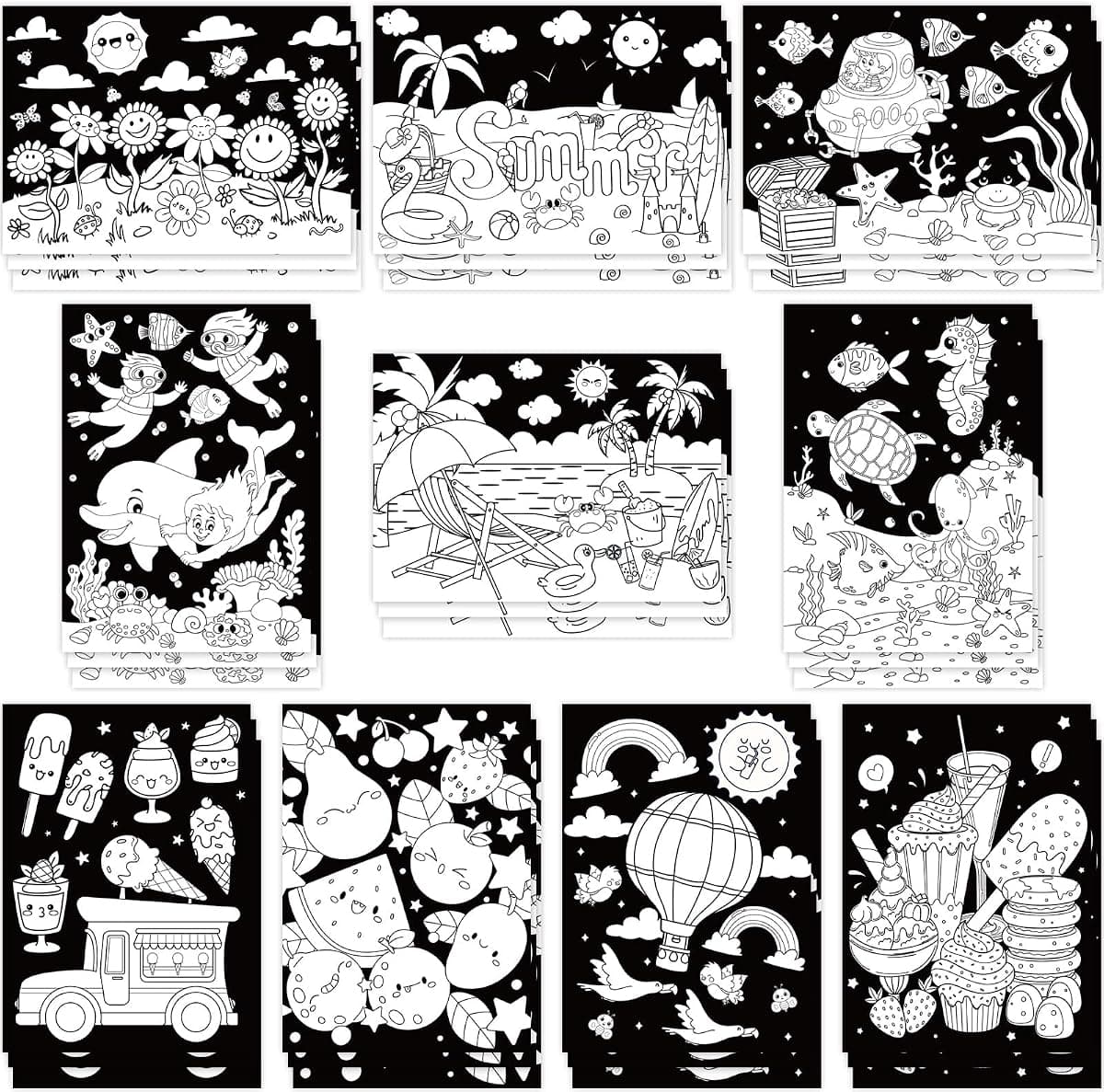 Zhanmai 30 Pcs Color Your Own Summer Posters, 10 Designs DIY Happy Summer Crafts Coloring Posters Bulk for Kids Holiday Party Activities Home Classroom Art Projects
