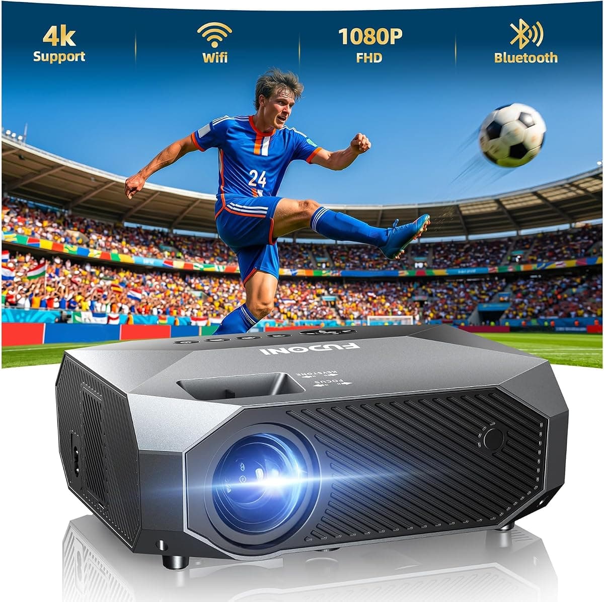 FUDONI Projector with WiFi and Bluetooth, Outdoor 4K Support 18000L Projector HD 1080P Max 300" Display, Movie Video Portable Home Theater Projector Compatible with USB/HDMI/iOS/Android/TV Stick