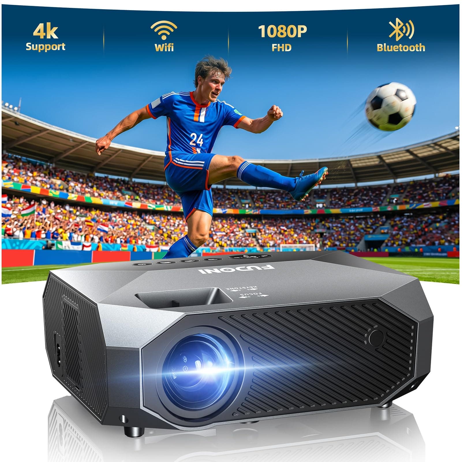 FUDONI Projector with WiFi and Bluetooth, Outdoor 4K Support 18000L Projector HD 1080P Max 300" Display, Movie Video Portable Home Theater Projector Compatible with USB/HDMI/iOS/Android/TV Stick