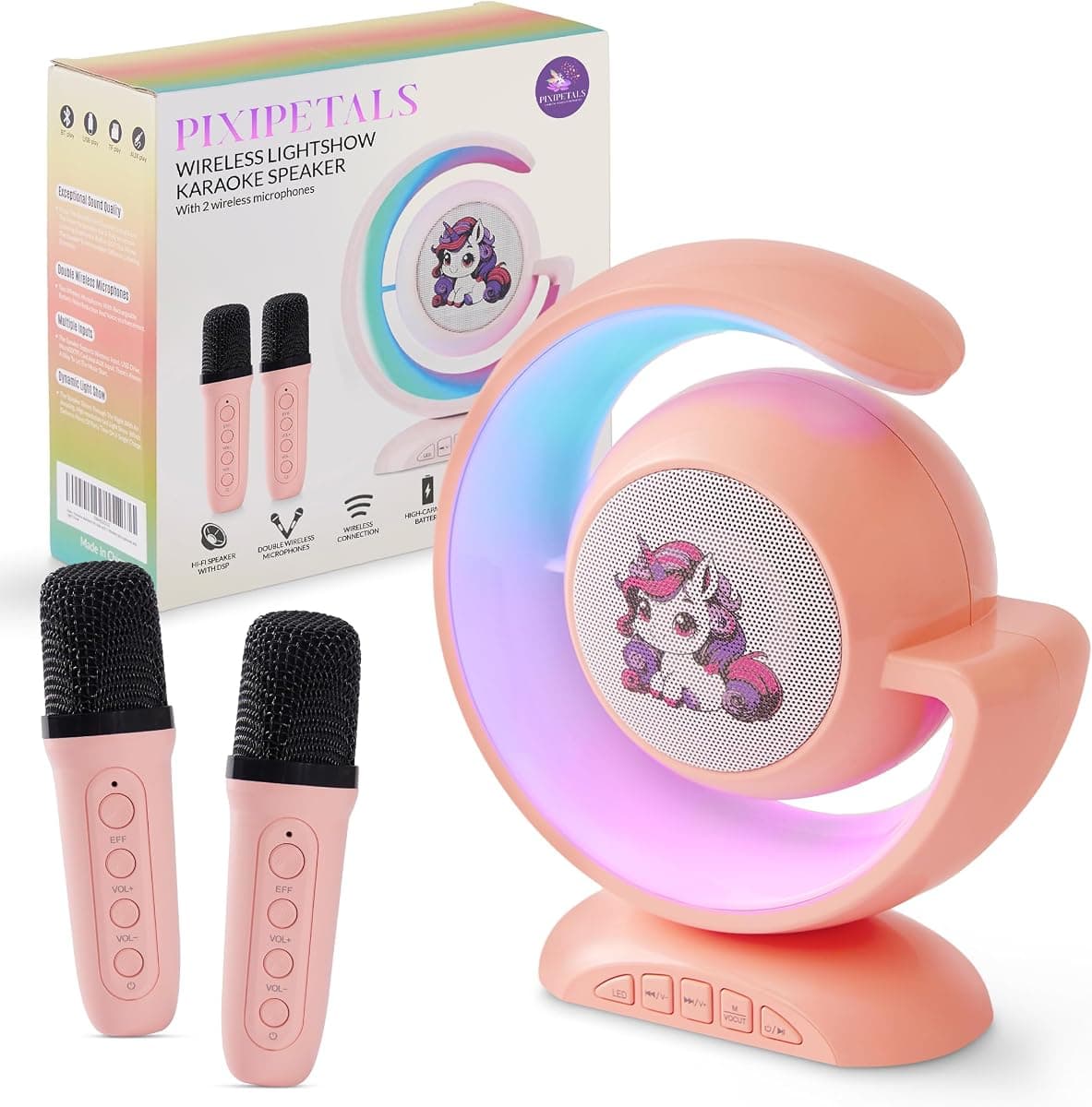 Portable Bluetooth Karaoke Machine for Kids - Karaoke Speaker for Girls with 2 Wireless Microphones, Party Lights, and Voice Effects - Pink Unicorn Design for Girls Ages 5,6,7,8,9,10,11,12 & Teens