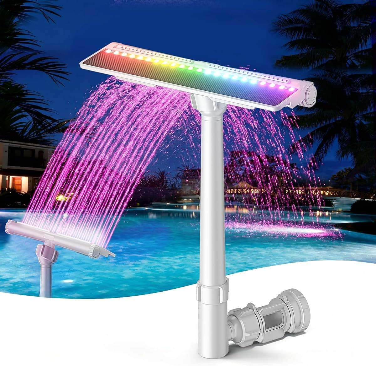 Solar Pool Fountain for Above Ground and Inground Pools with 9-Color Auto-Sensing Lights, High-Pressure Dual Spray Waterfall and 360° Adjustable Sprinkler Cools by 10-20°F for Relaxation